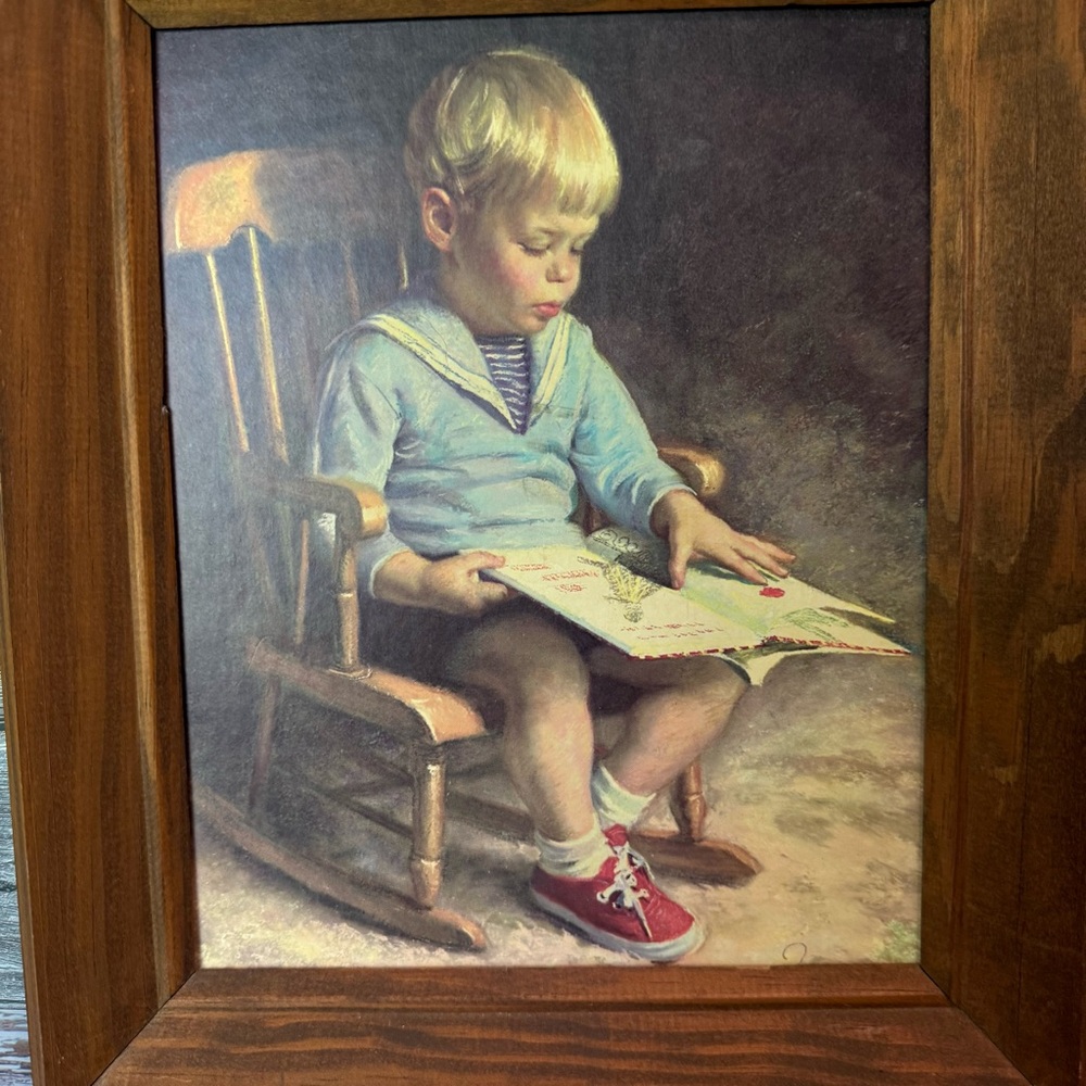 Vintage James Ingwersen Art Print Little Boy Reading Wood Frame - Picture 2 of 8